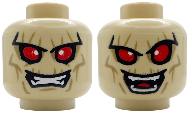 Minifigure, Head Dual Sided Alien with Red Eyes, White Glints, Dark Tan Wrinkles, Clenched Teeth / Open Mouth Grin Pattern: {тухлено жълт}