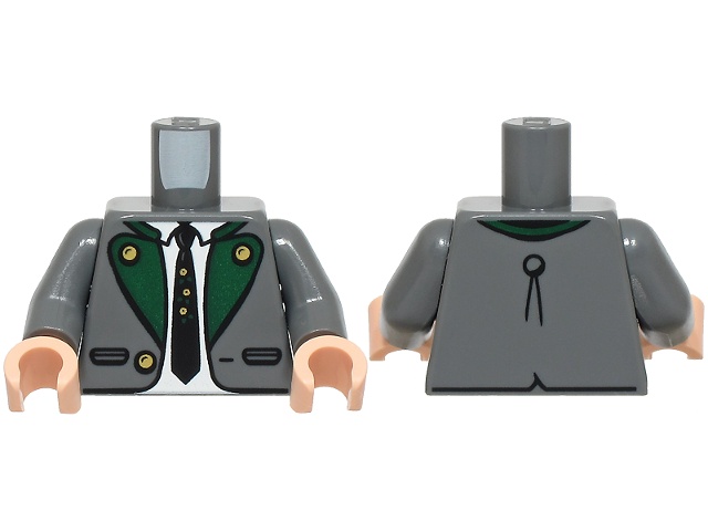 Torso Suit Jacket Open with Pockets and Gold Buttons, Dark Green Lapels, White Shirt, Black Tie Pattern / Dark Bluish Gray Arms / Light Nougat Hands: {тъмно каменно сив}