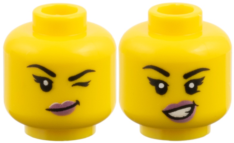 Minifigure, Head Dual Sided Female, Black Eyebrows, Metallic Pink Lips, Lopsided Grin and Wink Left / Open Smile with Teeth Pattern: {ярко жълт}