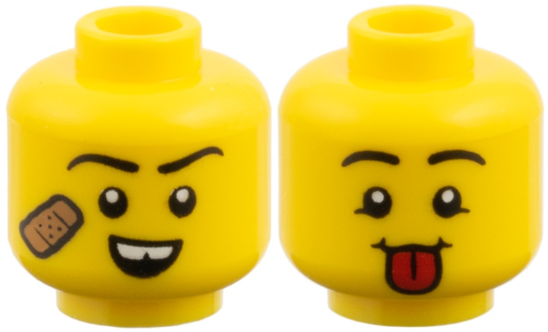 Minifigure, Head Dual Sided, Black Eyebrows, Medium Nougat Bandage and Gap in Teeth / Red Tongue Pattern: {ярко жълт}