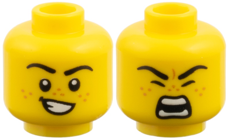 Minifigure, Head Dual Sided, Black Eyebrows, Medium Nougat Freckles, Lopsided Grin with Teeth / Roaring Pattern: {ярко жълт}