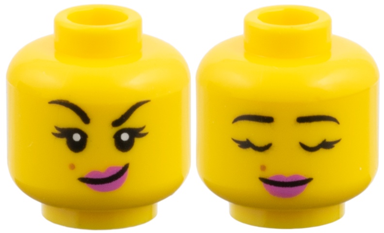 Minifigure, Head Dual Sided, Black Eyebrows, Medium Nougat Mole, Dark Pink Lips, Lopsided Grin / Closed Eyes Pattern: {ярко жълт}