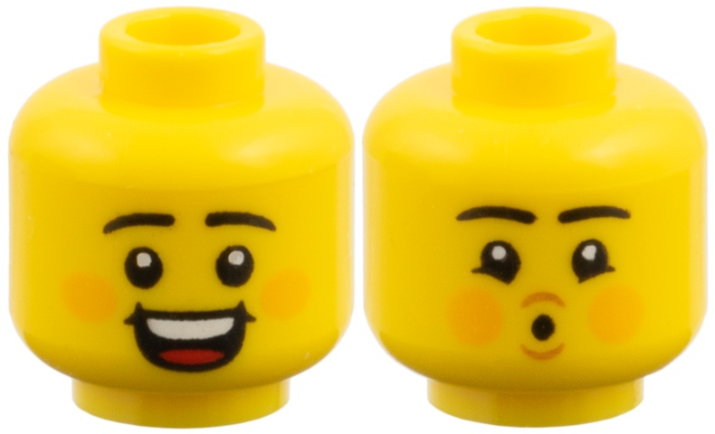 Minifigure, Head Dual Sided, Black Eyebrows, Orange Cheeks, Open Smile / Pucker Pattern: {ярко жълт}