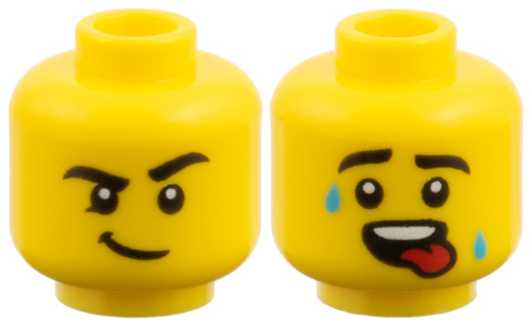 Minifigure, Head Dual Sided, Black Eyebrows, Lopsided Smirk / Sweat Drops and Red Tongue Pattern: {ярко жълт}
