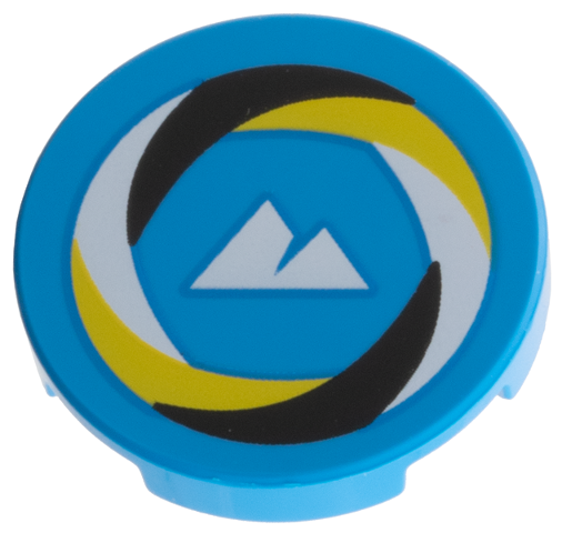 Tile, Round 2 x 2 with Bottom Stud Holder with Black, White, and Yellow Swirl Border, White Sport Mountains Logo Pattern: {тъмно небесносин}