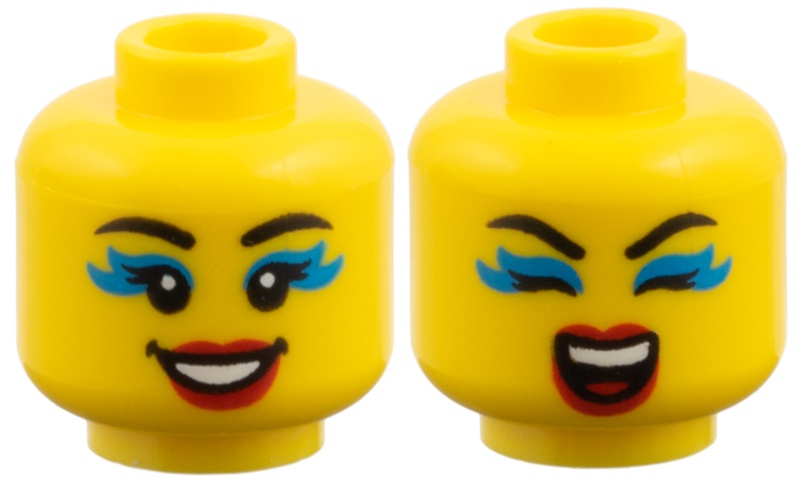 Minifigure, Head Dual Sided Female, Black Eyebrows, Dark Azure Eye Shadow, Red Lips, Smile / Eyes Closed Singing Pattern: {ярко жълт}