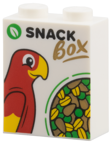 Brick 1 x 2 x 2 with Inside Stud Holder with Green Leaf, Red Parrot, Seeds, Black 'SNACK', Dark Tan 'BOX' Pattern: {бял}