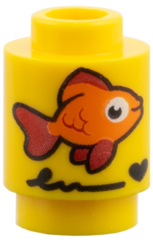 Brick, Round 1 x 1 with Orange and Red Fish, Black Scribble and Heart Pattern: {ярко жълт}
