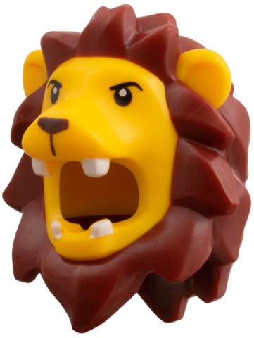 Minifigure, Headgear Head Cover, Costume Lion with Molded Dark Red Mane, Printed Black Eyes, Dark Brown Nose Pattern: {огнено жълто-оранжев}