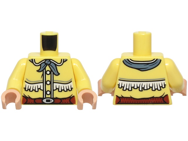 Torso Western Shirt, White Buttons and Fringe, Reddish Brown Belt with Silver Buckle, Sand Blue Neckerchief Pattern / Bright Light Yellow Arms / Light Nougat Hands: {студено жълт}