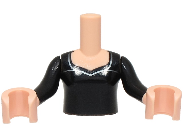 Torso Mini Doll Girl Black Dress Top, Dark Silver Trim Around Neck Pattern, Light Nougat Arms with Hands with Black Long Sleeves: {светло нуга}