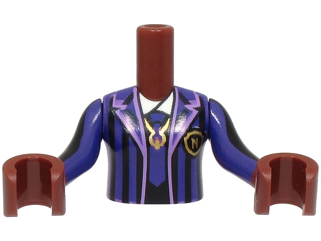 Torso Mini Doll Girl Dark Purple Striped School Uniform Jacket with Tie, Gold Letter N Logo Badge and Necklace, White Shirt Pattern, Reddish Brown Arms with Hands with Black and Dark Purple Long Sleeves: {червеникаво-кафяв}