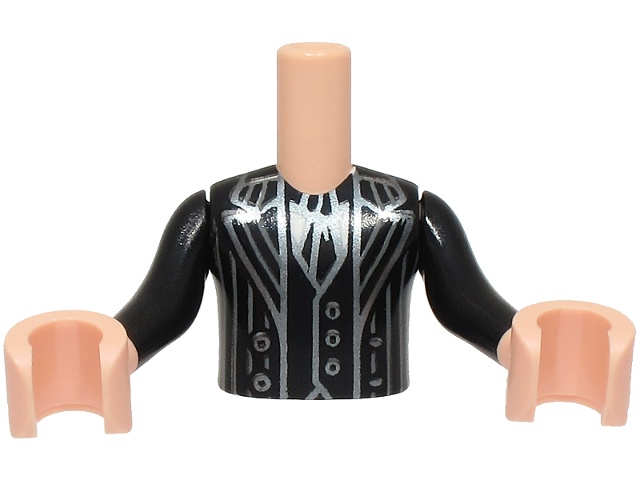 Torso Mini Doll Boy Black Suit Jacket, Vest and Tie, Dark Bluish Gray Pinstripes, Dark Silver Trim, White Shirt Pattern, Light Nougat Arms with Hands with Black Long Sleeves: {светло нуга}