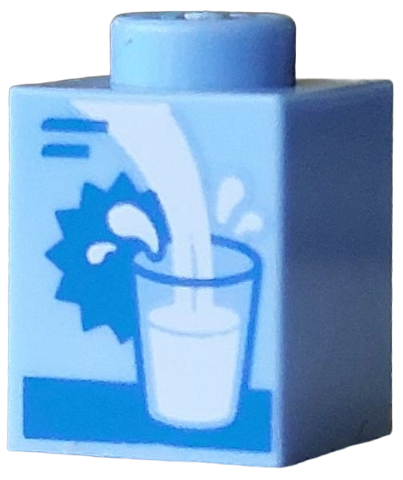 Brick 1 x 1 with Blue Glass Outline, Lines and Star Tag, White Pouring Drink and Splashes Pattern (Milk Carton): {светло кралско син}