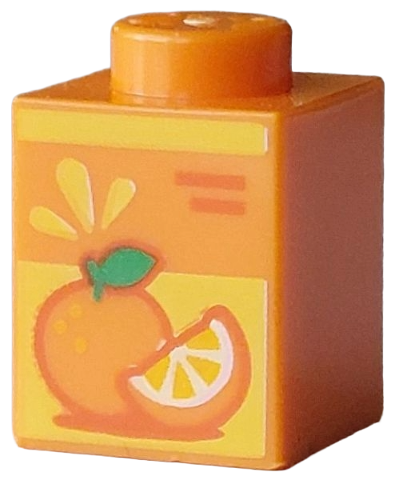 Brick 1 x 1 with Bar, Red Lines, Fruit Slice and Orange with Green Leaf on Yellow Background Pattern (Juice Carton): {ярко оранжев}