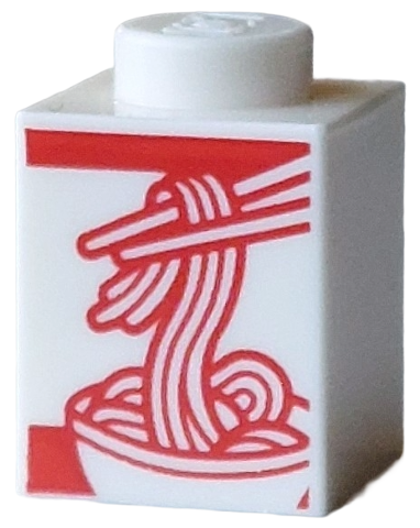 Brick 1 x 1 with Red Chopsticks and Noodles in Bowl Pattern (Noodle Box): {бял}