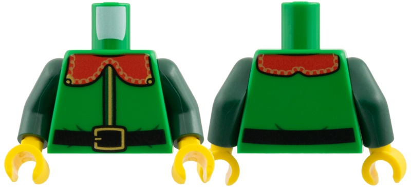 Torso Coat with Red Collar with Gold Trim and Buckle, Black Belt Pattern / Dark Green Arms / Yellow Hands: {тъмно зелен}