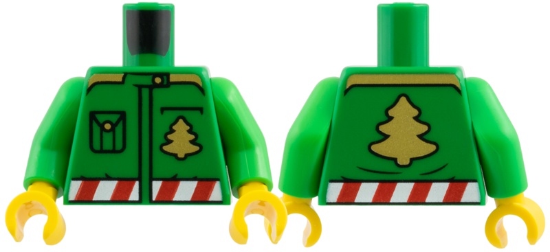Torso Jacket with Gold Buttons, Christmas Trees and Shoulders, Red and White Candy Stripe Belt Pattern / Bright Green Arms / Yellow Hands: {тъмно зелен}
