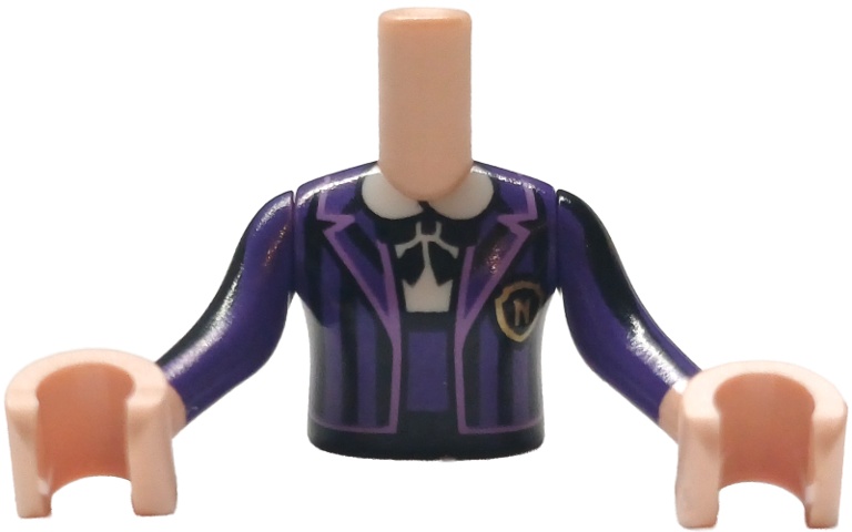 Torso Mini Doll Girl Dark Purple Striped School Uniform Jacket with Gold Letter N Logo Badge over White Shirt with Black Bow Tie Pattern, Light Nougat Arms with Hands with Black and Dark Purple Long Sleeves: {светло нуга}