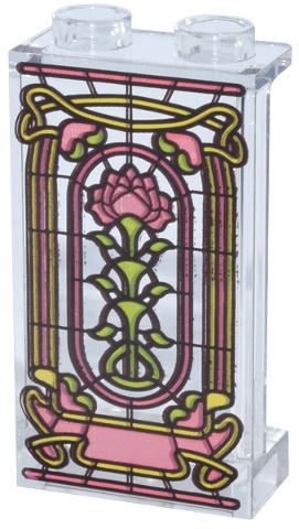 Panel 1 x 2 x 3 with Side Supports - Hollow Studs with Coral, Yellow and Bright Green Rose Stained Glass Window Pattern: {прозрачен}