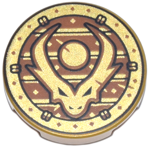 Tile, Round 2 x 2 with Bottom Stud Holder with Dragon Head with Horns and Black Outline on Dark Orange Stripes in Circle Pattern: {топло златист}