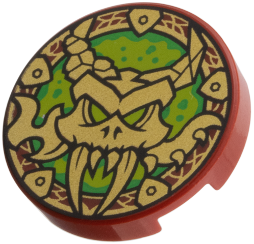 Tile, Round 2 x 2 with Bottom Stud Holder with Gold Dragon Skull, Lime and Bright Green Background Pattern: {нов тъмно червен}