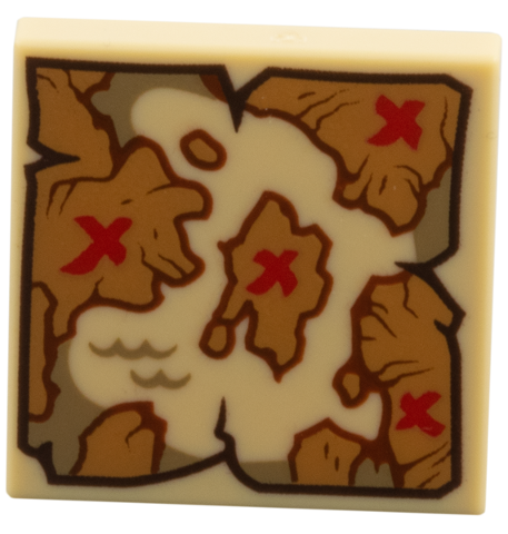 Tile 2 x 2 with Map, Medium Nougat Islands on Tan Sea, 4 Red 'X' Pattern: {тухлено жълт}