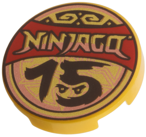 Tile, Round 2 x 2 with Bottom Stud Holder with 'NINJAGO 15', Red Banner, Copper Trim Pattern: {топло златист}