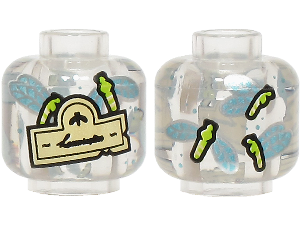 Minifigure, Head without Face with Tan Label with Black Script Writing and Lime Insects with Silver and Metallic Light Blue Wings Pattern: {прозрачен}