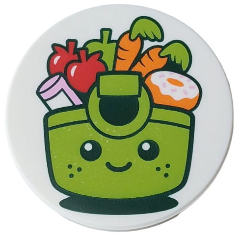 Tile, Round 3 x 3 with Lime Shopping Basket with Black Eyes, Mouth and Freckles, Apple, Bright Pink Bottle, Red Strawberries, Orange Carrots and Donut with White Frosting Pattern: {бял}