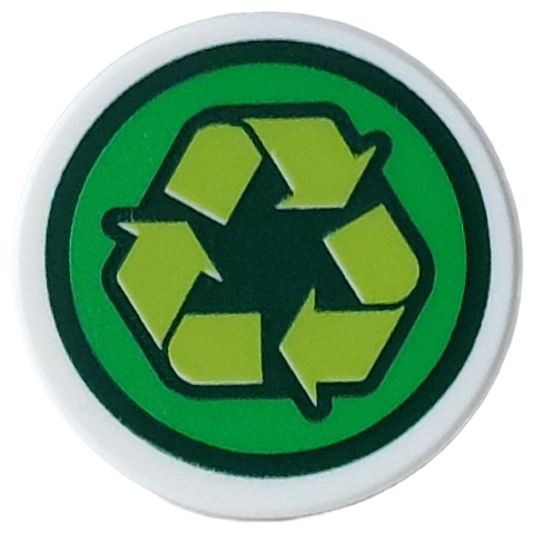 Tile, Round 2 x 2 with Bottom Stud Holder with Dark Green, Green and Lime Recycle Logo Pattern: {бял}