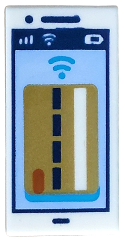Tile 1 x 2 with Cell Phone / Smartphone with Gold Debit / Credit Card on Bright Light Blue Background, Signal Strength, WiFi, Battery Level and Dark Blue Outline, Blue Contactless Payment Symbol Pattern: {бял}