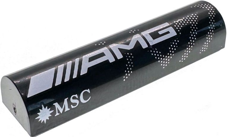Slope, Curved 1 x 4 x 2/3 Double with White 'AMG' and 'MSC' Logos and Silver Dots Pattern Model Right Side: {черен}