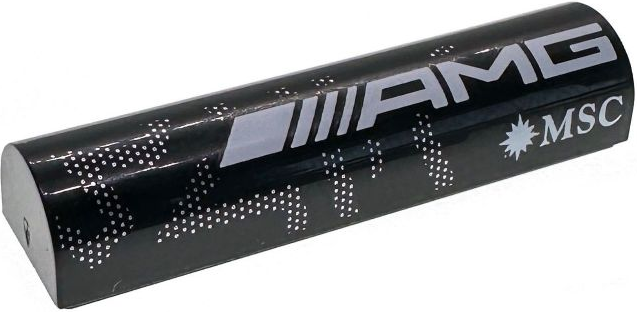 Slope, Curved 1 x 4 x 2/3 Double with White 'AMG' and 'MSC' Logos and Silver Dots Pattern Model Left Side: {черен}