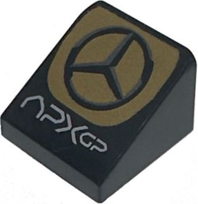 Slope 30 1 x 1 x 2/3 with White 'APXGP' and Mercedes-Benz Logo on Gold Background Pattern: {черен}