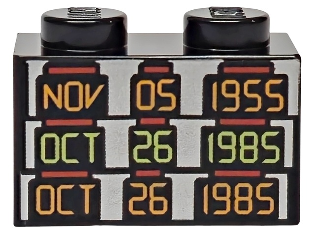 Brick 1 x 2 with Orange and Yellowish Green 'NOV 05 1955', 'OCT 26 1985' and 'OCT 26 1985' on Silver Background Pattern: {черен}