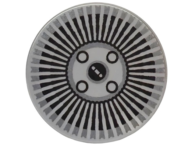 Tile, Round 2 x 2 with Bottom Stud Holder with Hubcap with Black Radial Stripes and Wheel Bolts Pattern: {сребърно метален}