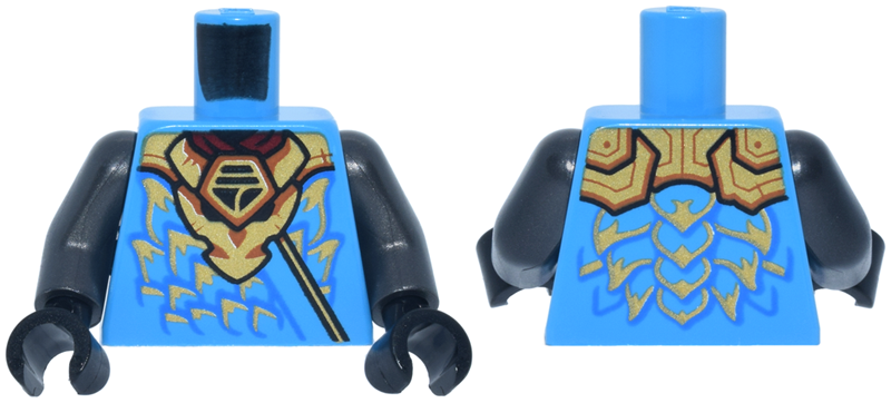 Torso Gold Dragon Head Armor and Scale Tips, Dark Orange Trim, Ninjago Logogram Letter N Pattern / Pearl Dark Gray Arms / Black Hands: {тъмно небесносин}