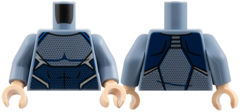 Torso Body Suit over Muscles Outline, Dark Blue Abdomen Panel, Blue Trim, Silver Mesh Dots Pattern / Sand Blue Arms / Light Nougat Hands: {пясъчно син}