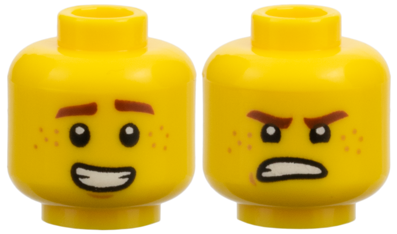 Minifigure, Head Dual Sided Reddish Brown Eyebrows and Freckles, Open Smile / Scowl Pattern (Jay): {ярко жълт}