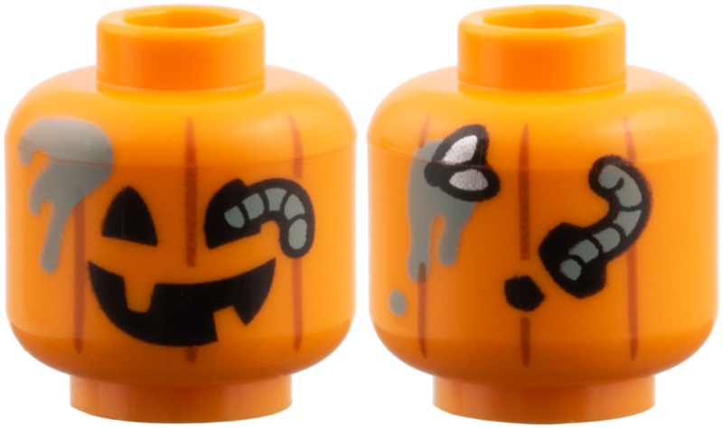 Minifigure, Head Pumpkin Jack O' Lantern, Light Bluish Gray Splotch and Worm, Fly Pattern: {ярко оранжев}