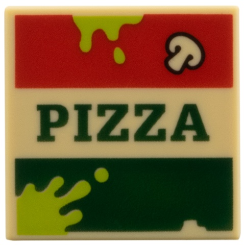 Tile 2 x 2 with Garbage Pizza Box, Red and Dark Green Stripes 'PIZZA', Mushroom, Lime Splotches Pattern: {тухлено жълт}