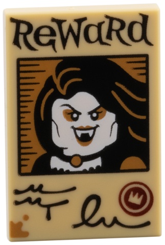 Tile 2 x 3 with Wanted Poster 'Reward', Female Vampire, Dark Red Crown Pattern: {тухлено жълт}