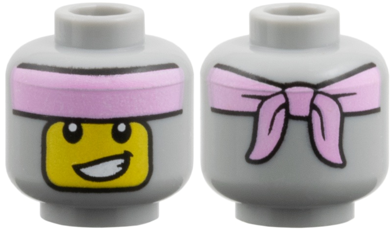 Minifigure, Head Balaclava, Bright Pink Headband, Yellow Face with Lopsided Smile with Teeth Pattern: {умерено каменно сив}