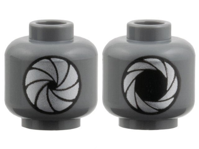 Minifigure, Head Dual Sided, Silver Iris Aperture, Closed / Open Pattern: {тъмно каменно сив}