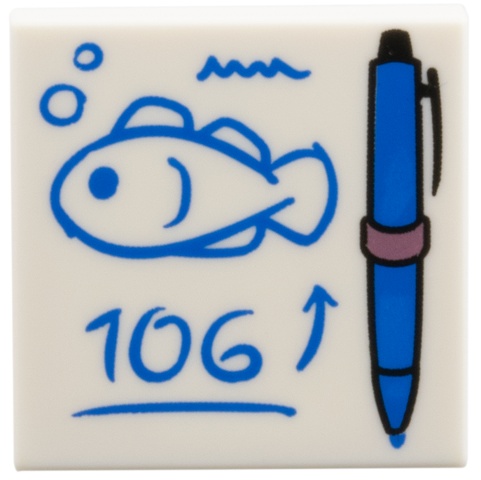Tile 2 x 2 with Blue Pen with Metallic Pink Ring, Written Fish, Arrow, and '106' Pattern: {бял}