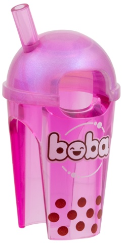 Minifigure, Headgear Head Cover, Costume Drink with Molded Satin Trans-Pink Dome Lid, Printed White 'boba' Logo, Dark Red Spots Pattern: {прозрачен умерено червеникаво виолетов}