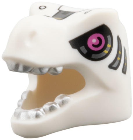 Minifigure, Headgear Head Cover, Costume Tyrannosaurus rex / Dragon with Dark Pink Eyes, Silver Teeth and Panels, Black and Gold Trim Pattern: {бял}