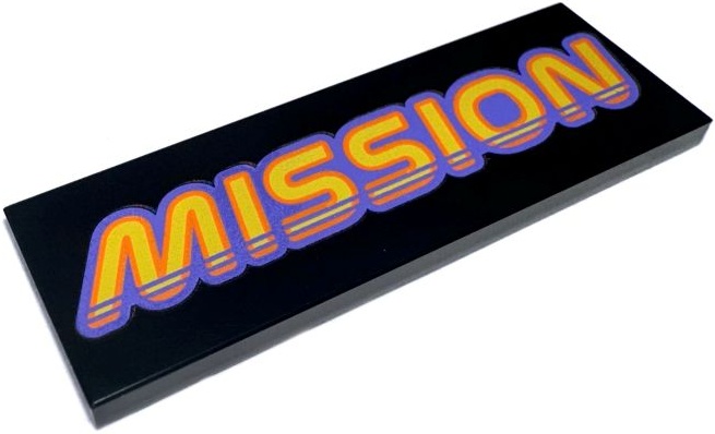Tile 2 x 6 with Yellow and Orange 'MISSION' and Blue Violet Outline Pattern: {черен}