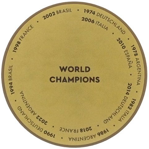 Tile, Round 6 x 6 with Plaque with Dark Brown 'WORLD CHAMPIONS' and World Cup Winners with Years on Gold Circle Pattern: {пясъчно жълт}